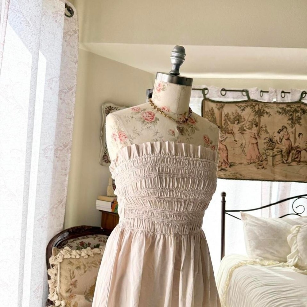 cream midi dress cottagecore smocked NWT H&M womens small‎ - Picture 2 of 4